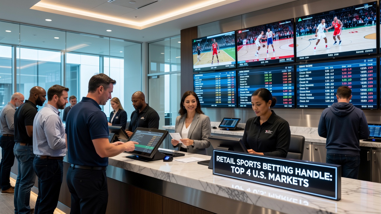 Infographic comparing retail versus online sports betting handle percentages in major U.S. states for 2025 and 2026