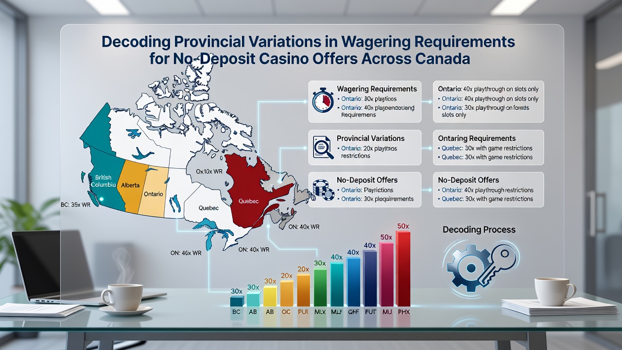 Infographic comparing wagering multipliers across Canadian provinces for no-deposit casino bonuses