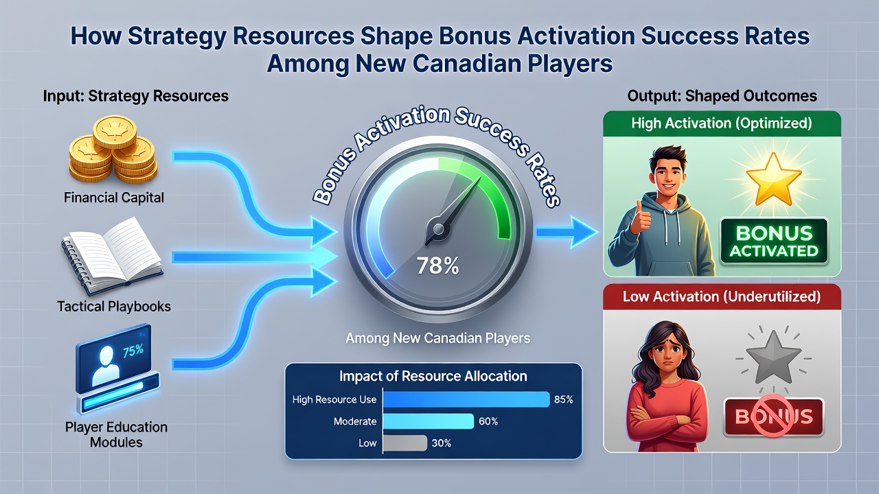 Infographic-style breakdown of bonus activation steps with icons representing guides, verification, and deposit timing for Canadian users